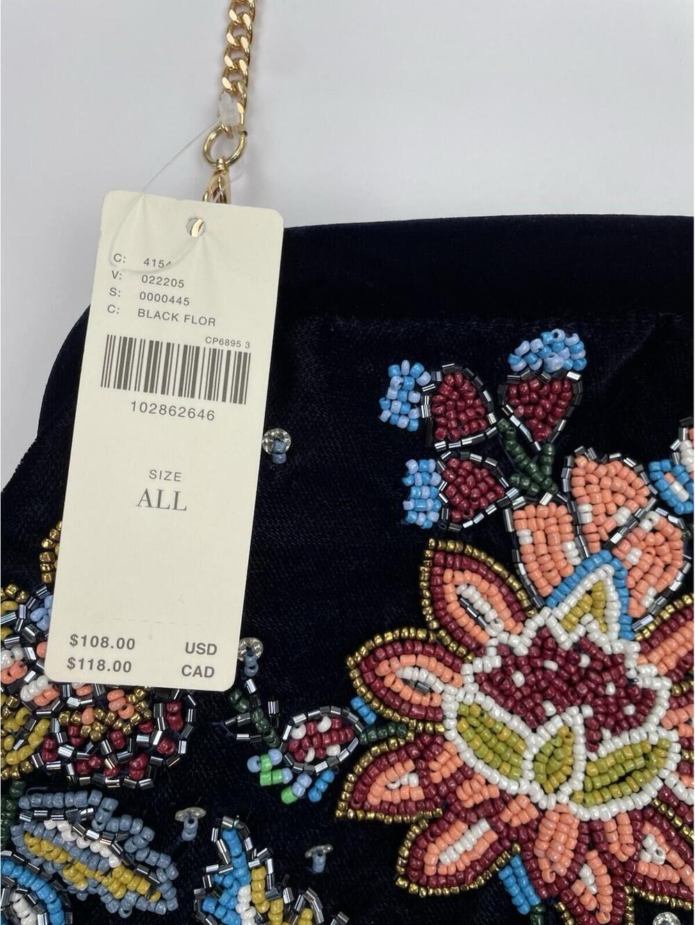 NWT Anthropologie Beaded Floral Velvet Clutch Shoulder Bag With Gold Chain Boho - Picture 3 of 9